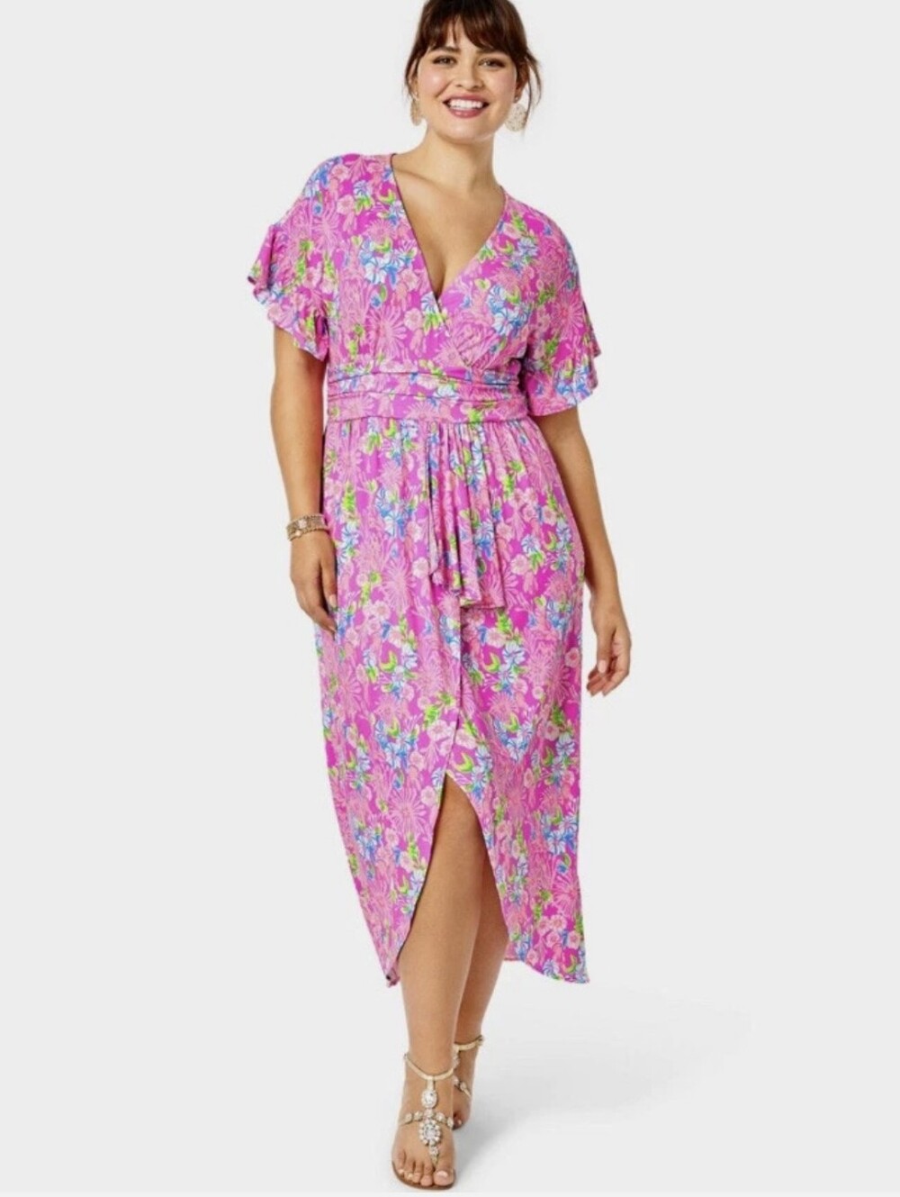 Lilly Pulitzer Nwot Pink Lavender Flutter Shortsleeve VNeck Faux Wrap Midi Dress